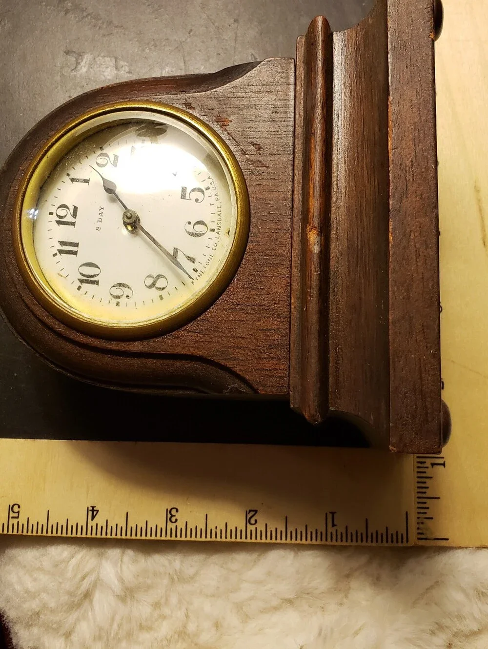 Antique Fynetone Co 8 Day Wooden Mantel Clock All Brass Movement Lansdale PA